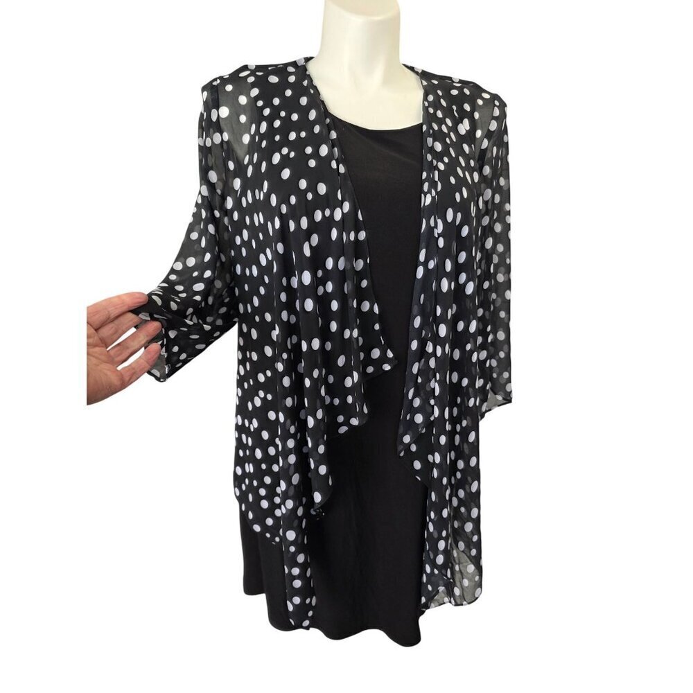 R&K Originals Size 16 Black Stretch Dress Attached Sheer Polka Dot Bolero
